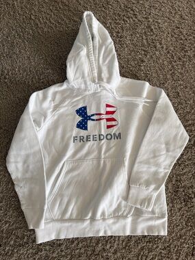 Under Armour White Hoodie with Red & Blue Flag Logo